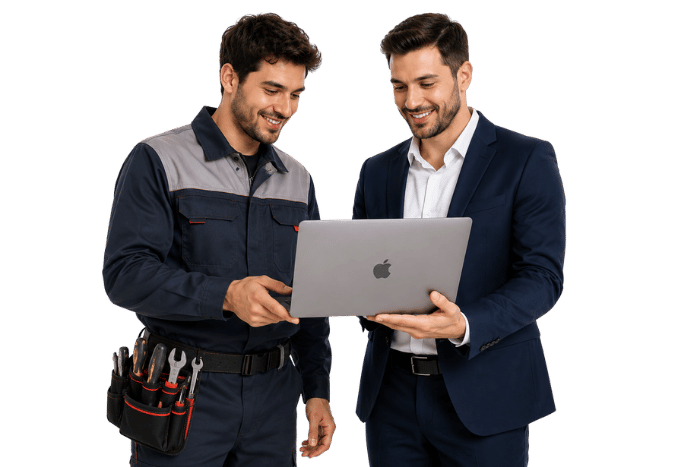 A Roofer with website design dissuasion on laptop