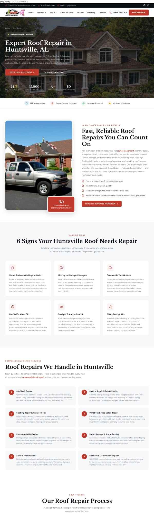 Roof repair service page design with a clean layout