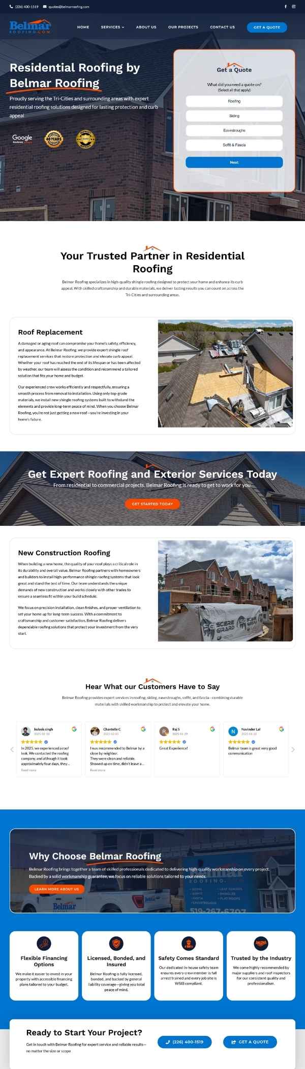 Premium roofing company website with a custom layout